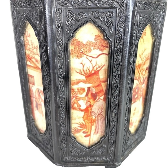 Vintage Chinese Shantou Teapot Pewter Metal Reverse Glass Painted Panels Black - Picture 8 of 16